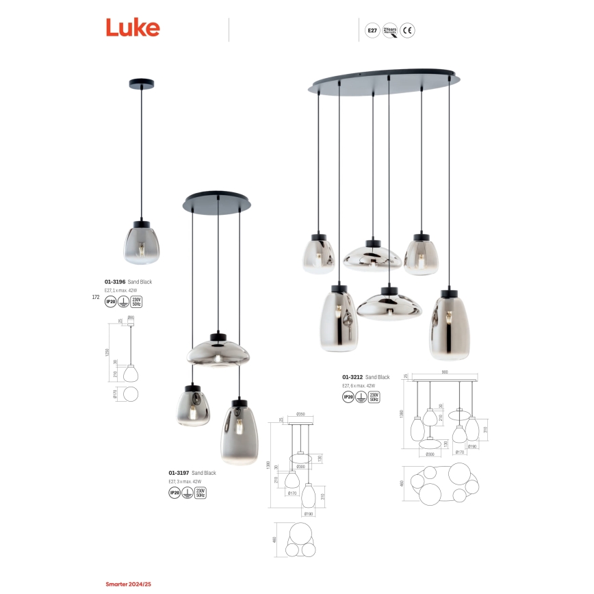 Redo 01-3196 - Lustr na lanku LUKE 1xE27/42W/230V pr. 17 cm černá