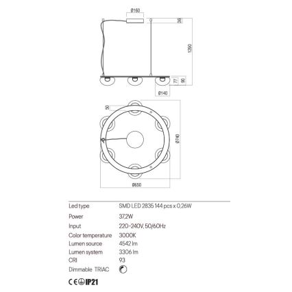 Redo 01-3247- LED Stmívatelný lustr na lanku SINCLAIR LED/37,2W/230V CRI 93 IP21 zlatá