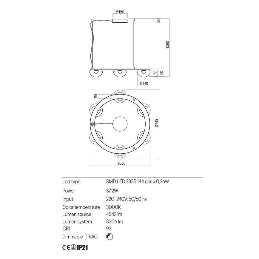 Redo 01-3247- LED Stmívatelný lustr na lanku SINCLAIR LED/37,2W/230V CRI 93 IP21 zlatá