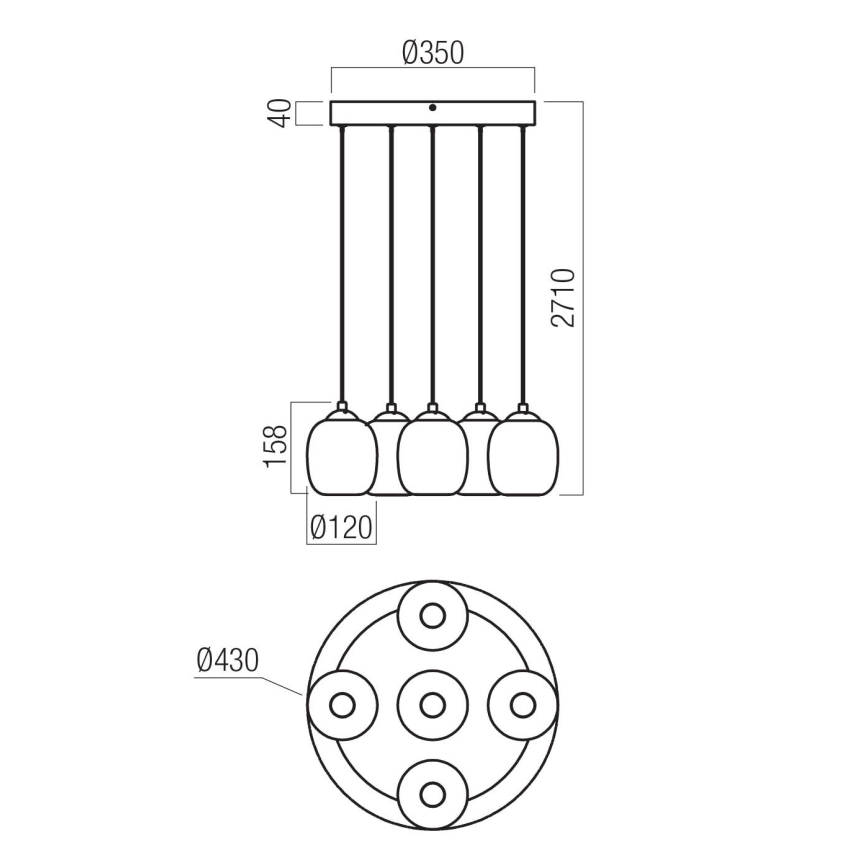 Redo 01-3488 - LED Stmívatelný lustr na lanku KHADI 5xLED/5,2W/230V CRI 90 pr. 43 cm černá/kouřová