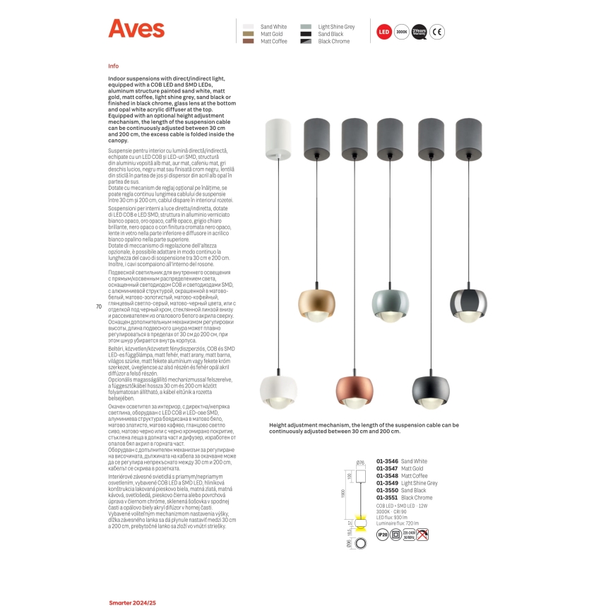 Redo 01-3549 - LED Lustr na lanku AVES LED/12W/230V pr. 9,6 cm CRI 90 šedá