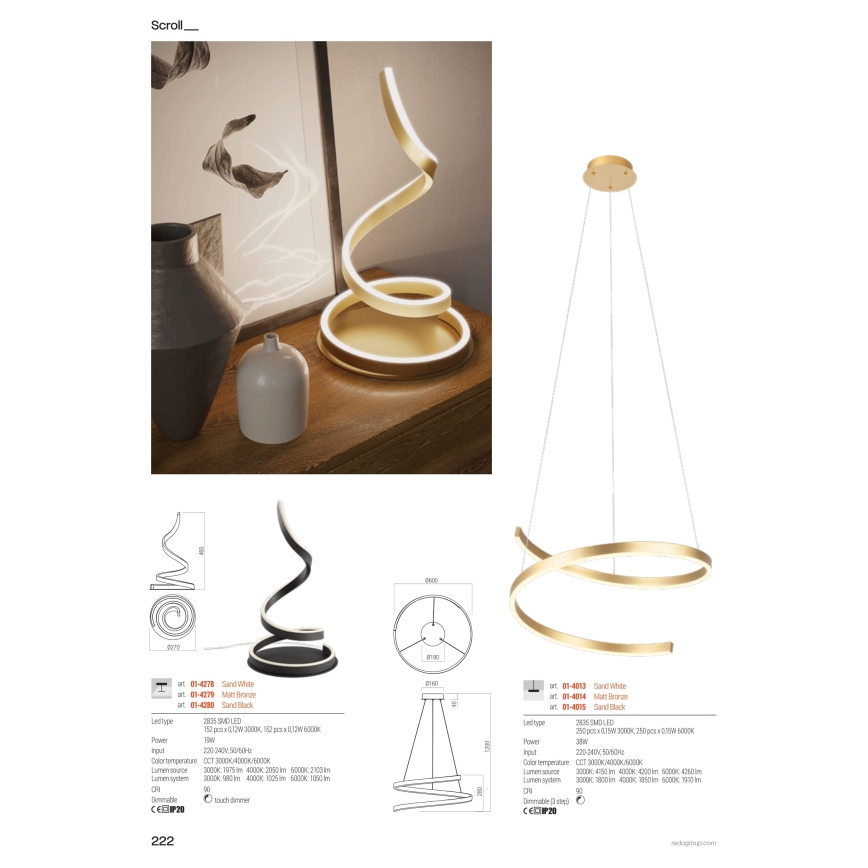 Redo 01-4014 - LED Stmívatelný lustr na lanku SCROLL LED/38W/230V 3000K/4000K/6000K CRI 90 pr. 60 cm zlatá