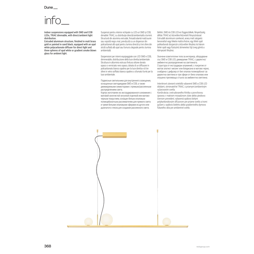 Redo 01-4301 - LED Stmívatelný lustr na lanku DUNE LED/48W/230V 3000K CRI 90 bílá/zlatá
