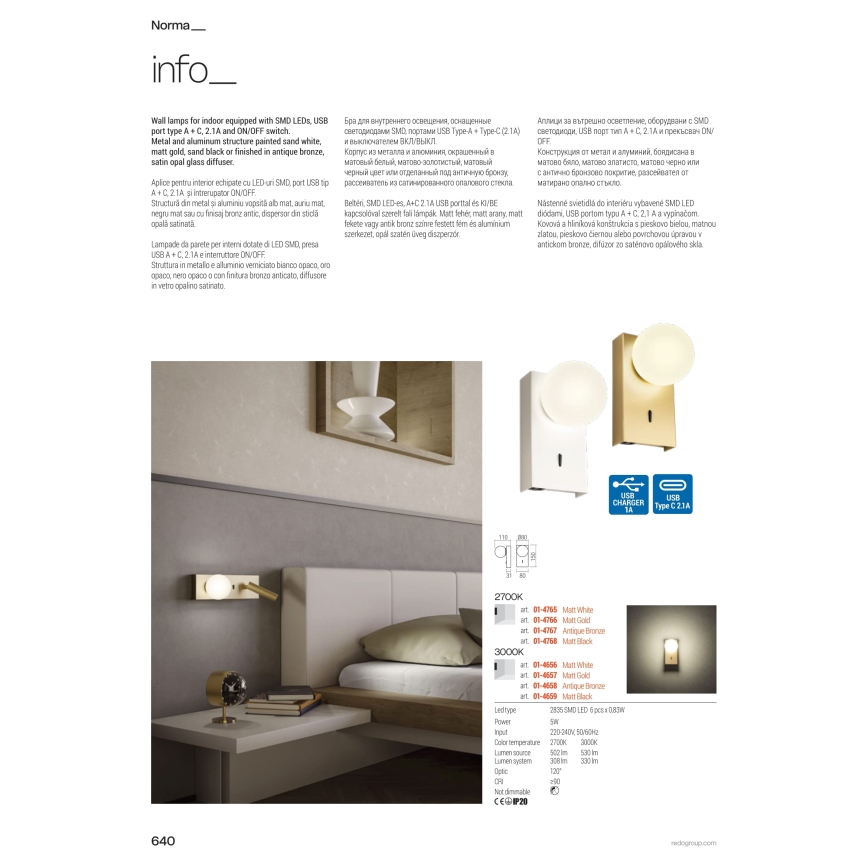 Redo 01-4659 - LED Nástěnné svítidlo NORMA LED/5W/230V CRI 90 USB bílá/černá