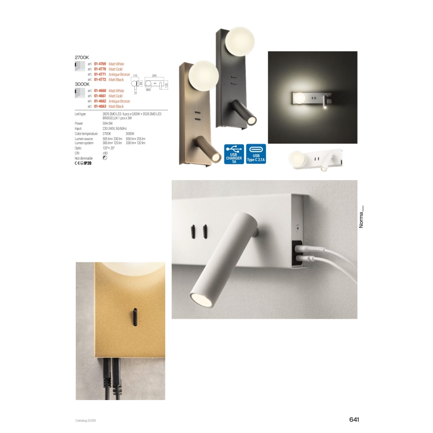 Redo 01-4660 - LED Nástěnné svítidlo NORMA LED/5W/230V + LED/3W CRI 90 USB bílá