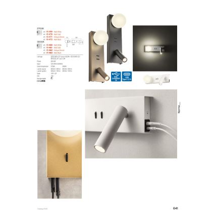 Redo 01-4662 - LED Nástěnné svítidlo NORMA LED/5W/230V + LED/3W CRI 90 USB bílá/bronzová