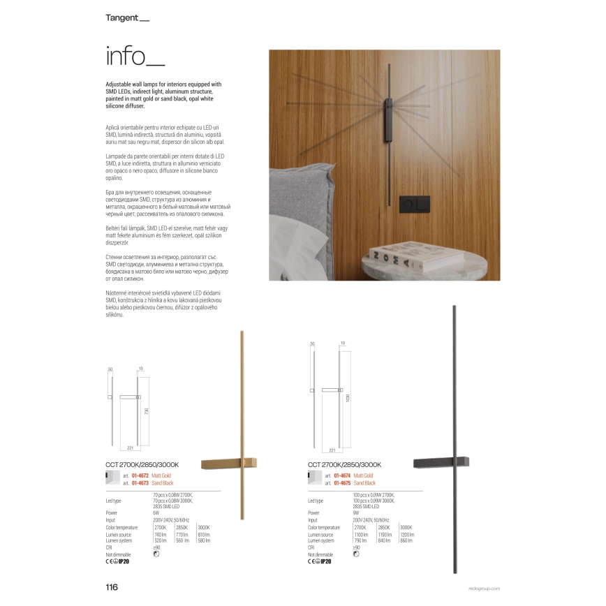 Redo 01-4673 - LED Nástěnné svítidlo TANGENT LED/6W/230V 2700/2850/3000K CRI 90 černá