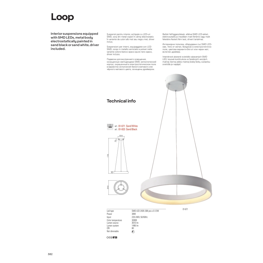 Redo 01-672 - LED Lustr na lanku LOOP LED/48W/230V pr. 60 cm bílá