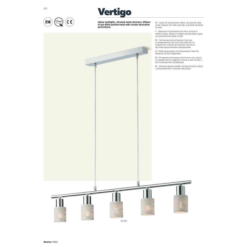 Redo 04-509 - Lustr na lanku VERTIGO 5xE14/28W/230V lesklý chrom/bílá