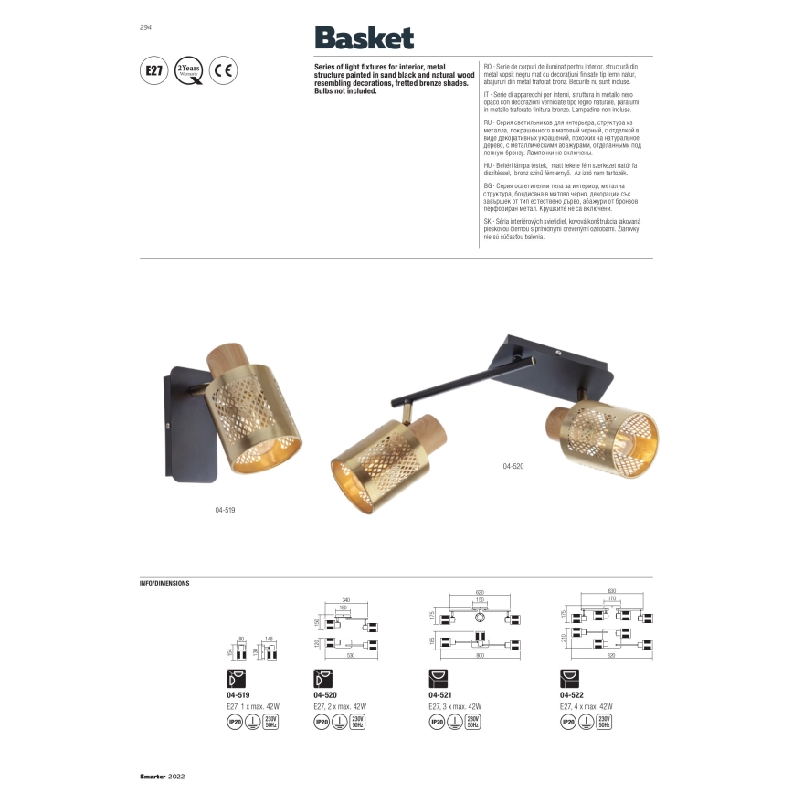 Redo 04-519 - Nástěnné bodové svítidlo BASKET 1xE27/42W/230V bronz