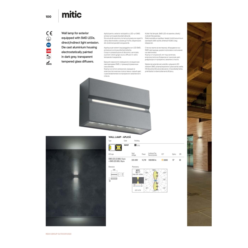 Redo 90117 - LED Venkovní nástěnné svítidlo MITIC 1xLED/15W/230V IP54