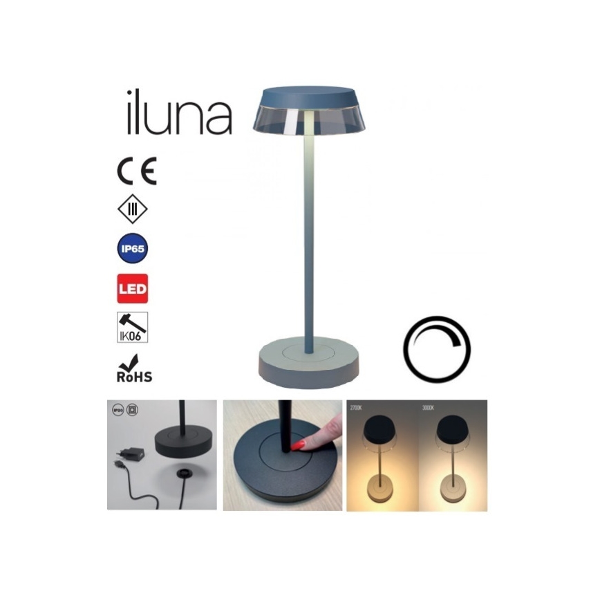 Redo 90310 - LED Stmívatelná dotyková stolní lampa ILUNA LED/2,5W/5V 2700-3000K 3000 mAh IP65 modrá