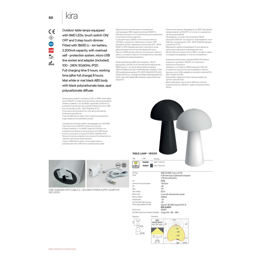 Redo 90438 - LED Stmívatelná dotyková venkovní lampa KIRA LED/4,7W/230V 2200 mAh IP44 bílá