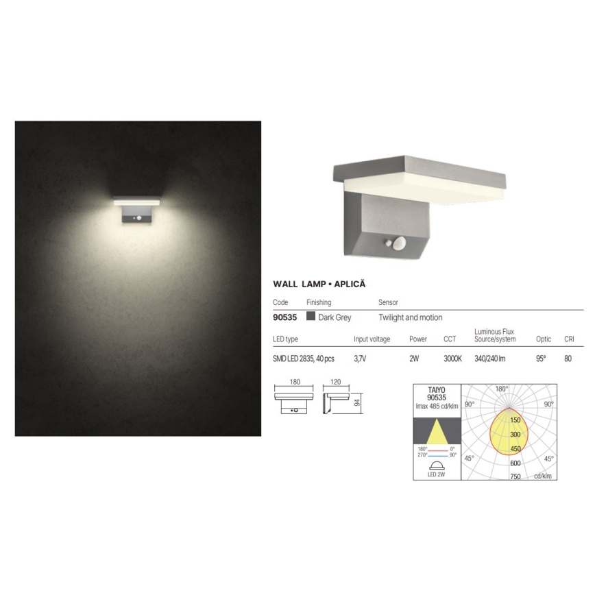 Redo 90535 - LED Solární nástěnné svítidlo se senzorem TAIYO LED/2W/3,7V 3000K 2200 mAh IP54 antracit