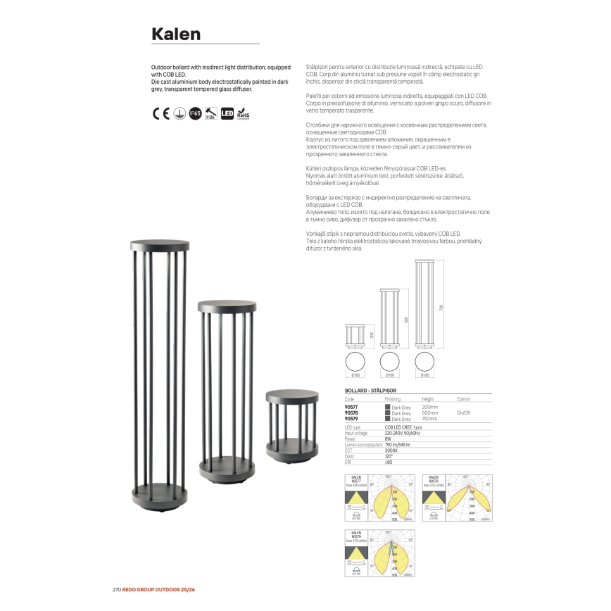 Redo 90577 - LED Venkovní lampa KALEN LED/8W/230V 3000K 20 cm IP65 antracit