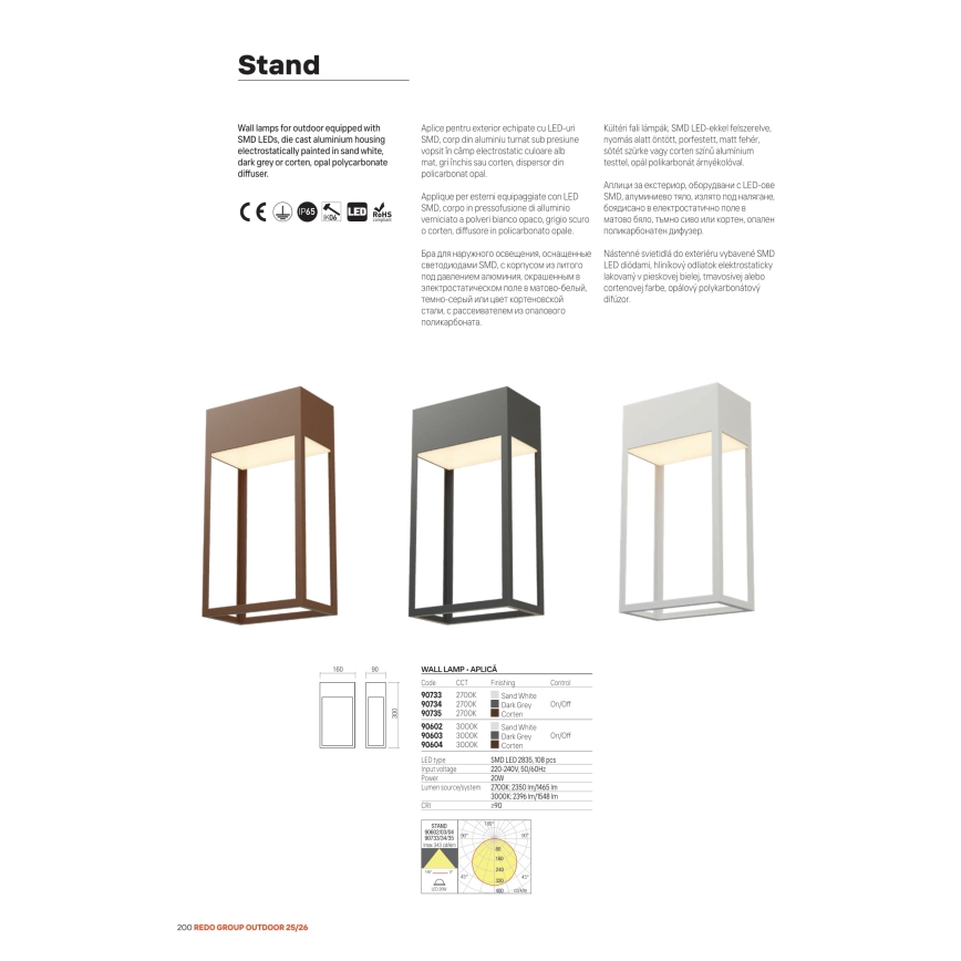 Redo 90604 - LED Venkovní nástěnné svítidlo STAND LED/20W/230V 3000K CRI 90 IP65 hnědá