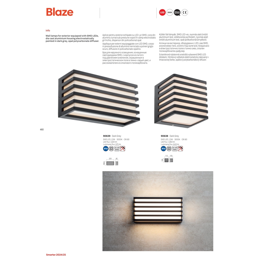 Redo 90638 - LED Venkovní nástěnné svítidlo BLAZE LED/12W/230V 3000K IP54 antracit