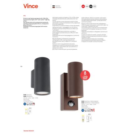 Redo 9453 - LED Venkovní nástěnné svítidlo se senzorem VINCE 2xLED/3W/230V IP54 antracit
