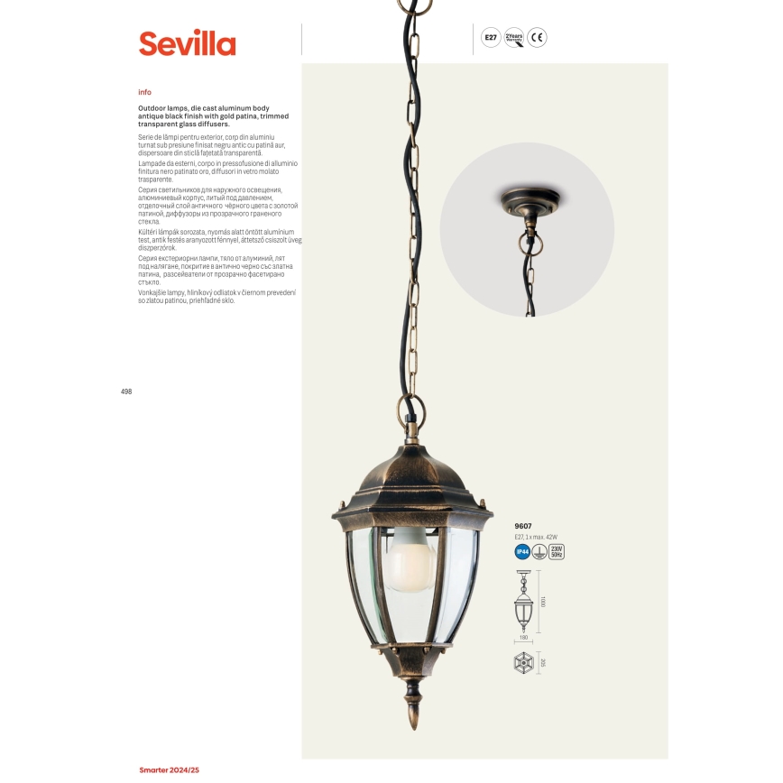 Redo 9605 - Venkovní nástěnná lampa SEVILLA 1xE27/42W/230V IP44 zlatá/patina