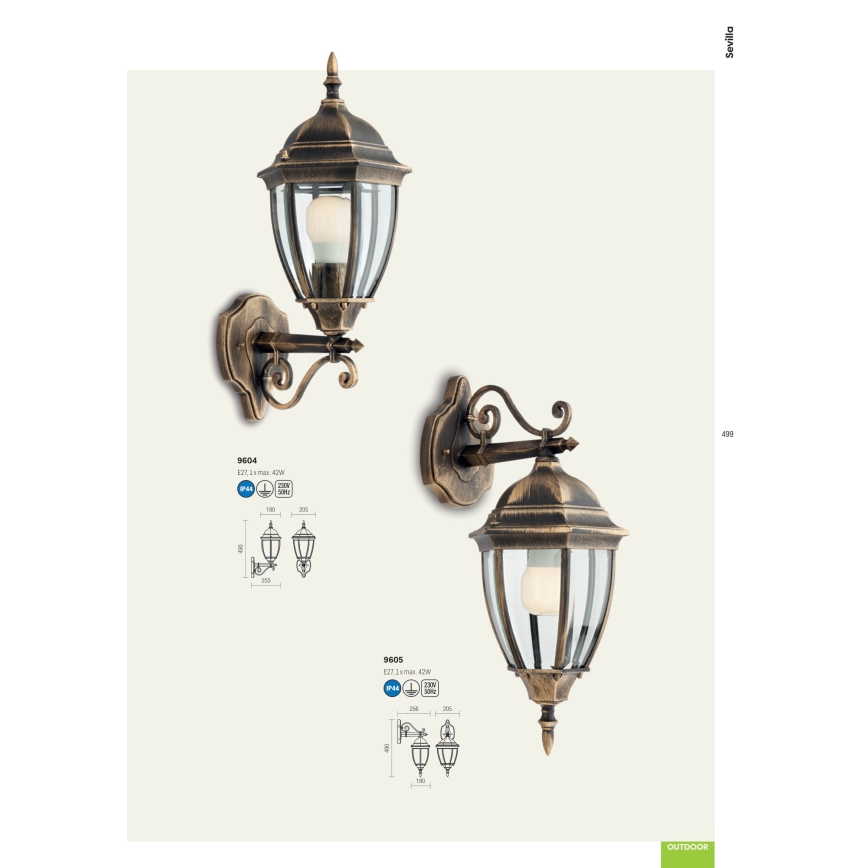 Redo 9605 - Venkovní nástěnná lampa SEVILLA 1xE27/42W/230V IP44 zlatá/patina