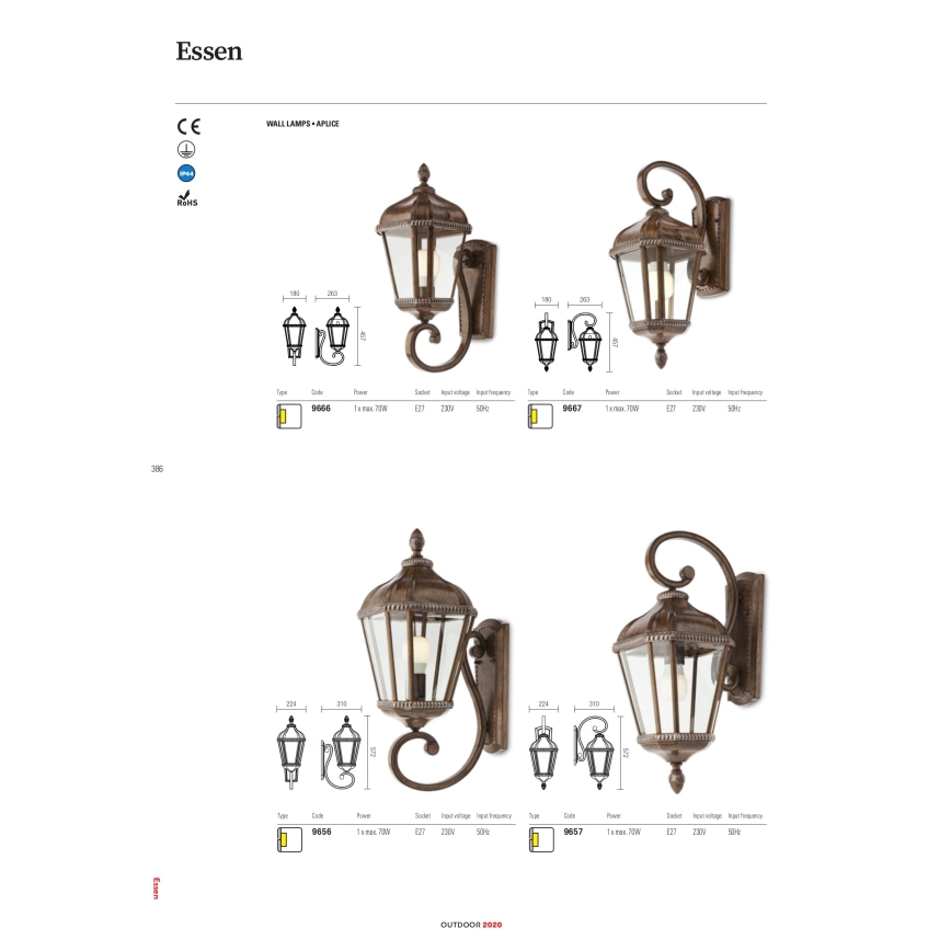Redo 9656 - Venkovní nástěnná lampa ESSEN 1xE27/70W/230V IP44 hnědá/patina