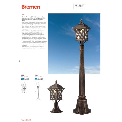 Redo 9951 - Venkovní nástěnná lampa BREMEN 1xE27/42W/230V IP23 zlatá/patina