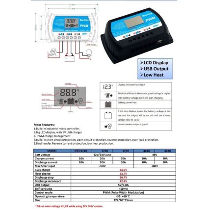 Regulátor solárního nabíjení PWM 12-24V/20A