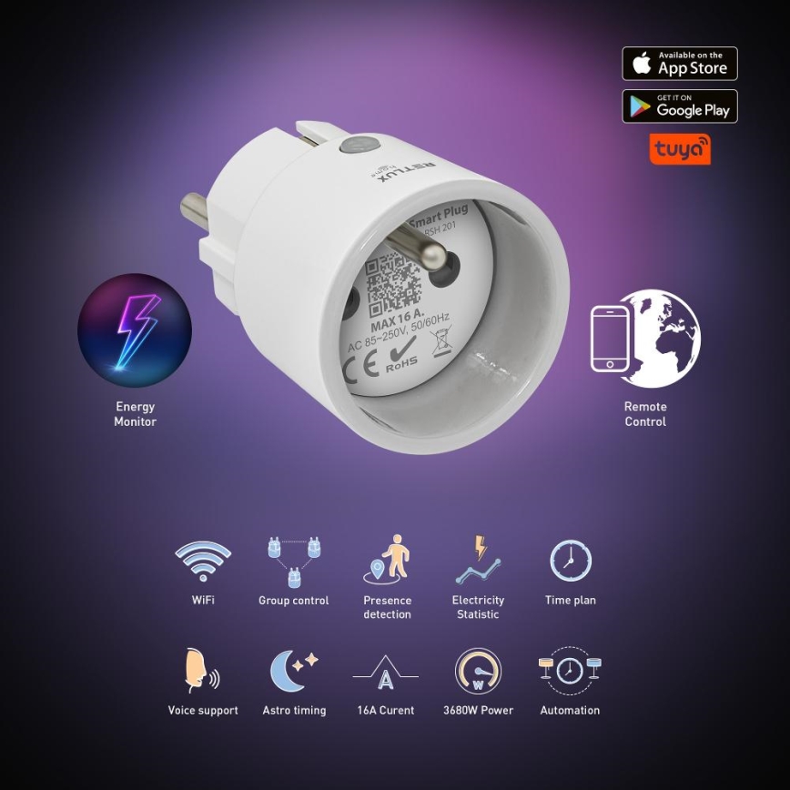 Chytrá zásuvka 3680W/230V/Typ E/16A Wi-Fi Tuya