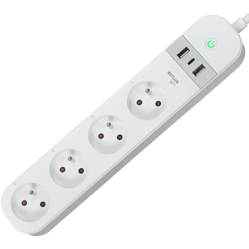 Chytrý prodlužovací kabel s vypínačem 4Z Typ E + 2x USB-A + 1x USB-C 1,5m Wi-Fi Tuya bílá