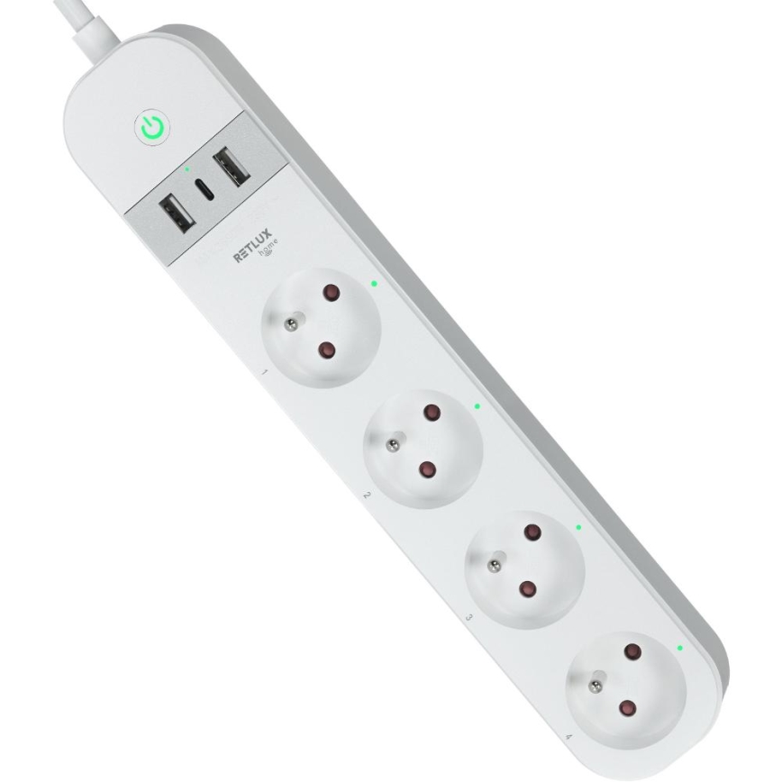 Chytrý prodlužovací kabel s vypínačem 4Z Typ E + 2x USB-A + 1x USB-C 1,5m Wi-Fi Tuya bílá