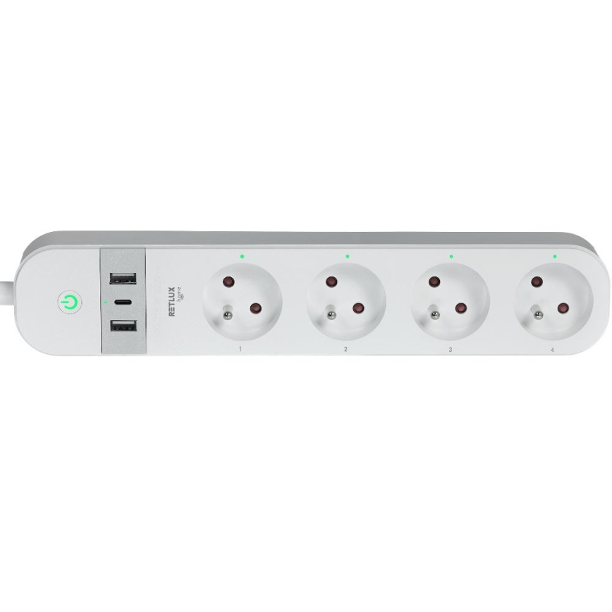 Chytrý prodlužovací kabel s vypínačem 4Z Typ E + 2x USB-A + 1x USB-C 1,5m Wi-Fi Tuya bílá