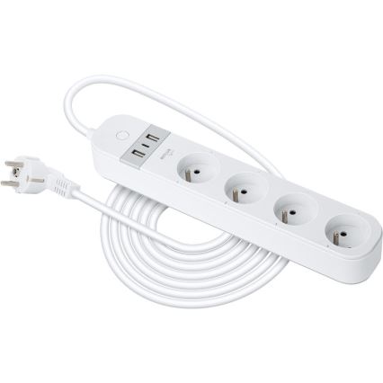 Chytrý prodlužovací kabel s vypínačem 4Z Typ E + 2x USB-A + 1x USB-C 1,5m Wi-Fi Tuya bílá
