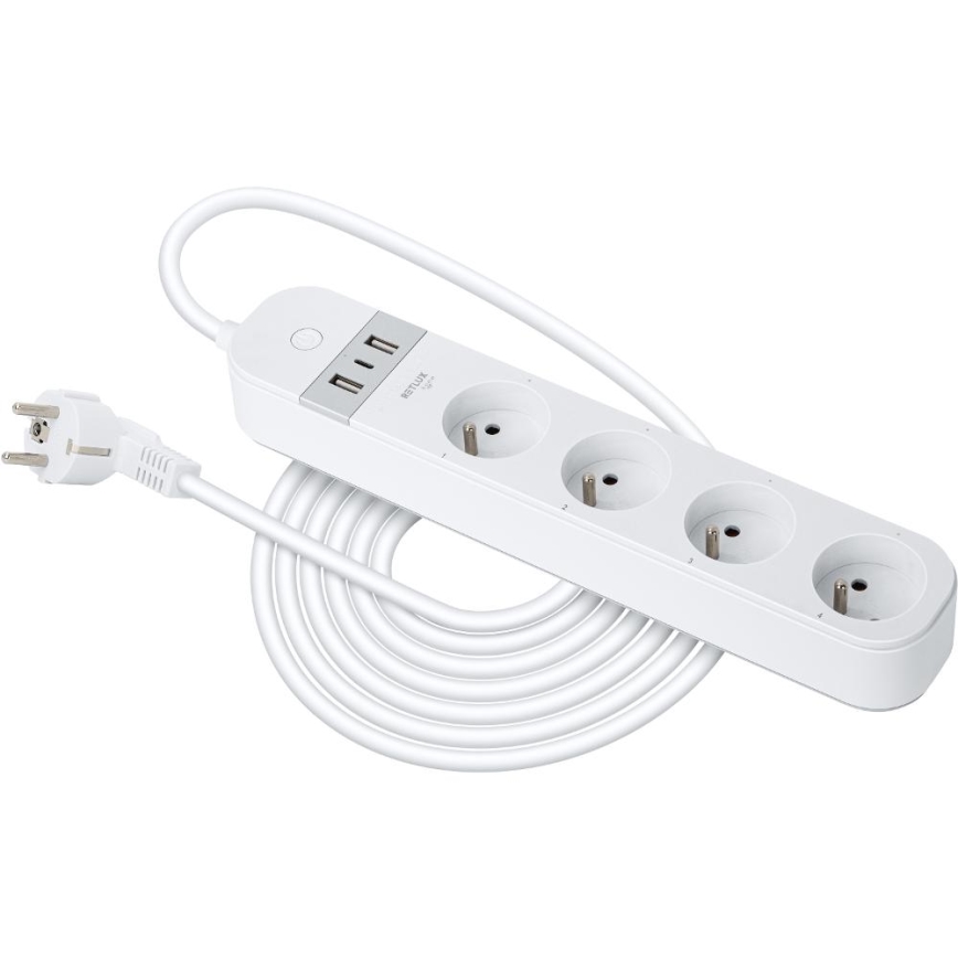 Chytrý prodlužovací kabel s vypínačem 4Z Typ E + 2x USB-A + 1x USB-C 1,5m Wi-Fi Tuya bílá