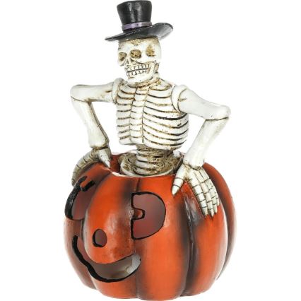 LED Dekorace HALLOWEEN LED/2xLR44/teplá bílá kostlivec v dýni pryskyřice