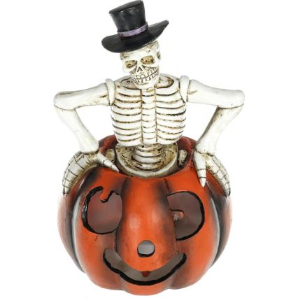LED Dekorace HALLOWEEN LED/2xLR44/teplá bílá kostlivec v dýni pryskyřice