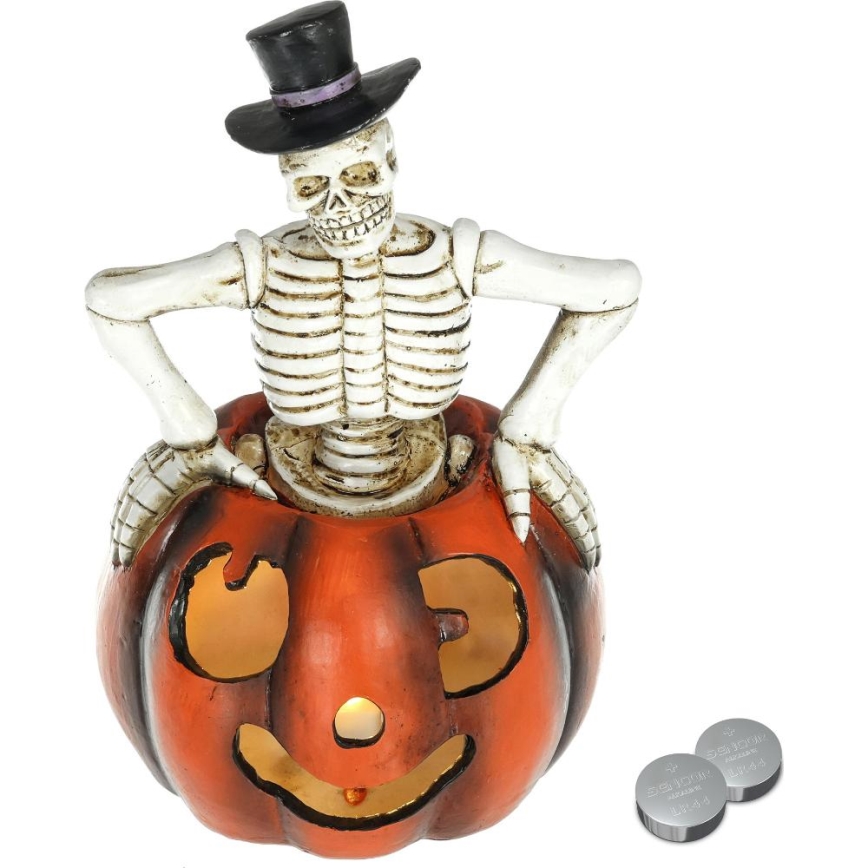 LED Dekorace HALLOWEEN LED/2xLR44/teplá bílá kostlivec v dýni pryskyřice