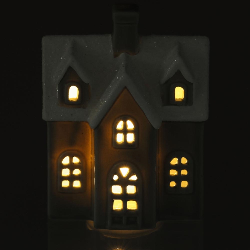 LED Porcelánová dekorace LED/2xLR44/teplá bílá domek šedá
