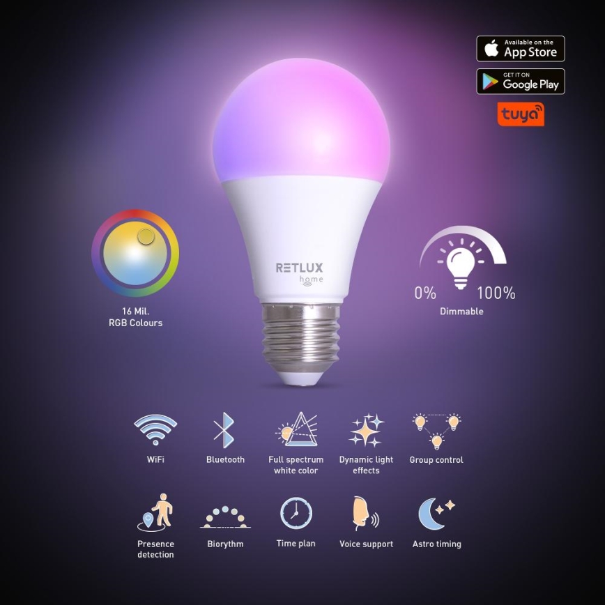 LED RGBW Stmívatelná žárovka A60 E27/9W/230V 2700-6500K Wi-Fi Tuya