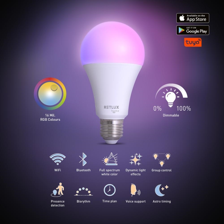 LED RGBW Stmívatelná žárovka A70 E27/14W/230V 2700-6500K Wi-Fi Tuya