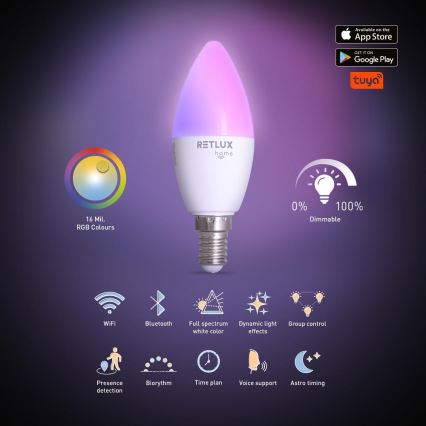 LED RGBW Stmívatelná žárovka C37 E14/4,5W/230V 2700-6500K Wi-Fi Tuya