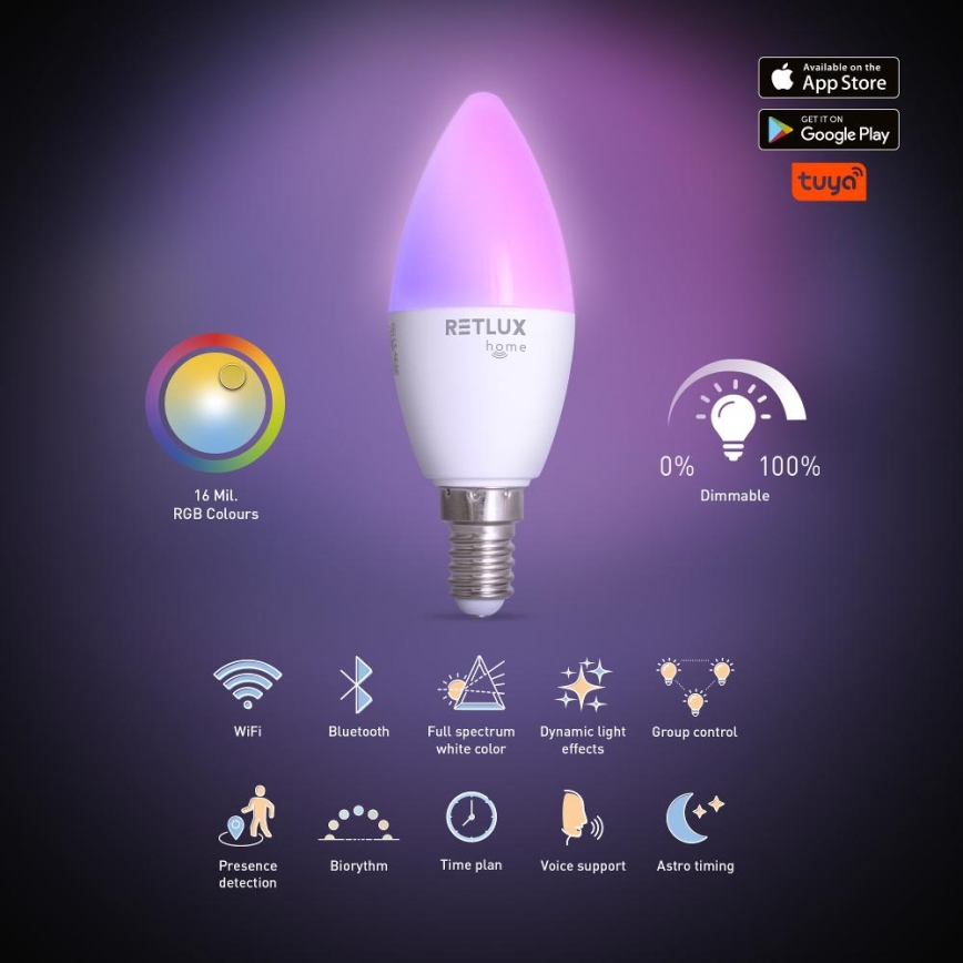 LED RGBW Stmívatelná žárovka C37 E14/4,5W/230V 2700-6500K Wi-Fi Tuya