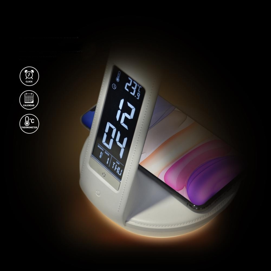 LED Stmívatelná stolní lampa s bezdrátovým nabíjením Qi 5W a displejem LED/6W/230V/1xCR2032 3000/4000/6000K bílá