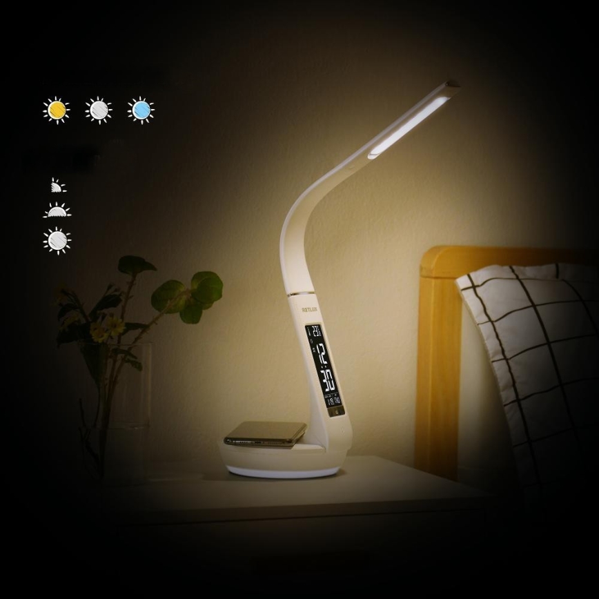 LED Stmívatelná stolní lampa s bezdrátovým nabíjením Qi 5W a displejem LED/6W/230V/1xCR2032 3000/4000/6000K bílá