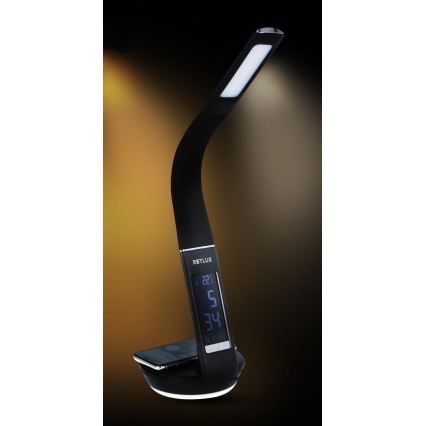 LED Stmívatelná stolní lampa s bezdrátovým nabíjením Qi 5W a displejem LED/6W/230V/1xCR2032 3000/4000/6000K černá