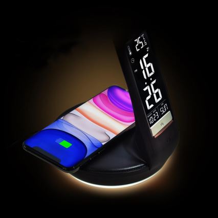LED Stmívatelná stolní lampa s bezdrátovým nabíjením Qi 5W a displejem LED/6W/230V/1xCR2032 3000/4000/6000K černá