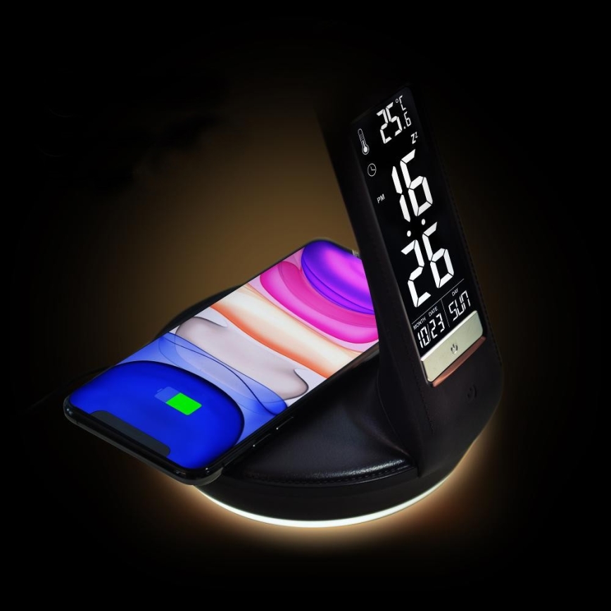 LED Stmívatelná stolní lampa s bezdrátovým nabíjením Qi 5W a displejem LED/6W/230V/1xCR2032 3000/4000/6000K černá