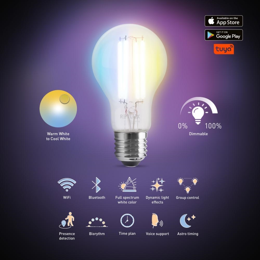 LED Stmívatelná žárovka FILAMENT A60 E27/7W/230V 2700-6500K Wi-Fi Tuya