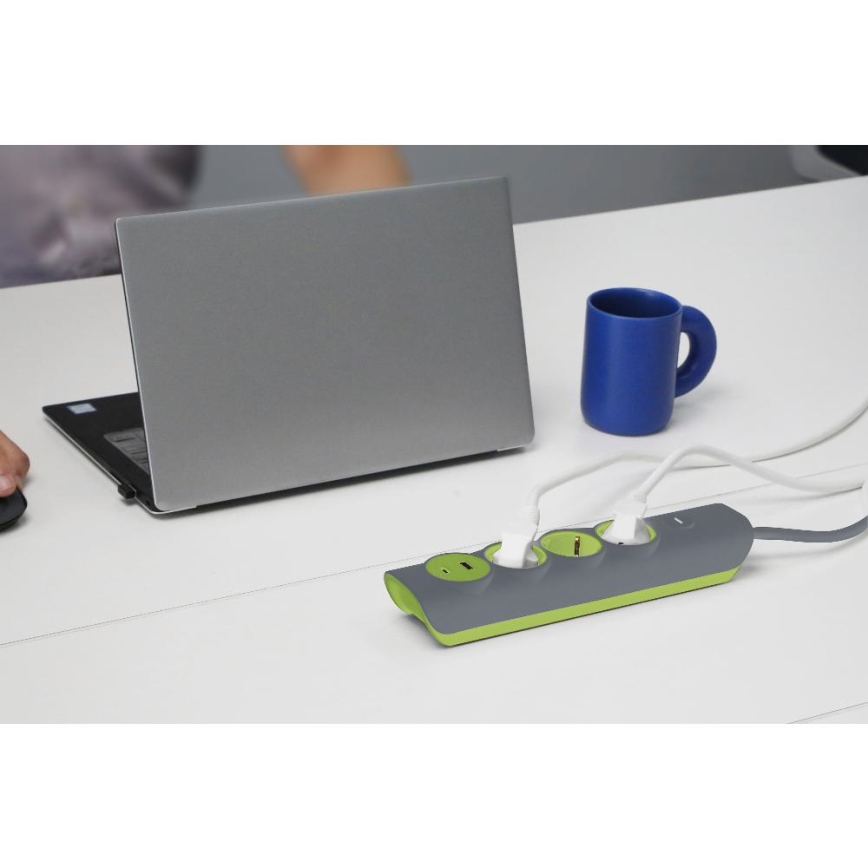 Retlux - Prodlužovací kabel s vypínačem 3Z Typ E + 1xUSB-A + 1xUSB-C 1,4m šedá