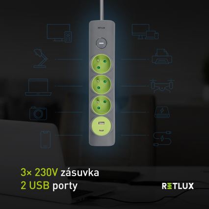 Retlux - Prodlužovací kabel s vypínačem 3Z Typ E + 1xUSB-A + 1xUSB-C 1,4m šedá