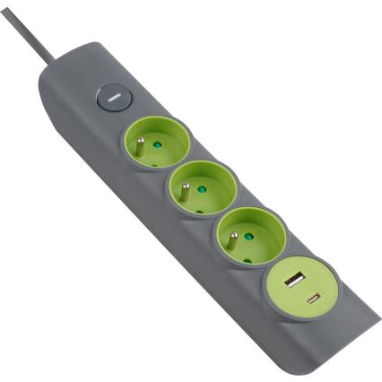 Retlux - Prodlužovací kabel s vypínačem 3Z Typ E + 1xUSB-A + 1xUSB-C 1,4m šedá